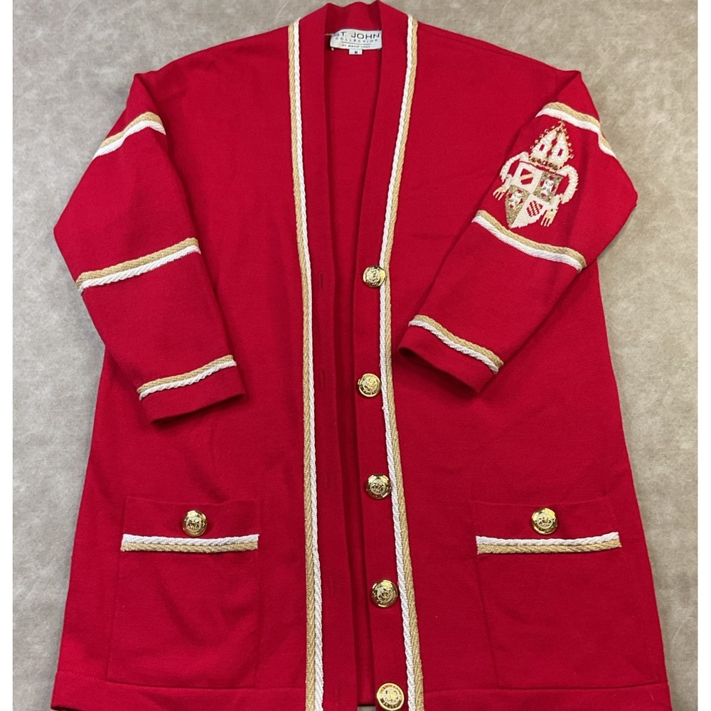 St John Marie Gray‎ Cardigan Womens M Red Santana Knit Gold Buttons Vintage - Picture 8 of 9